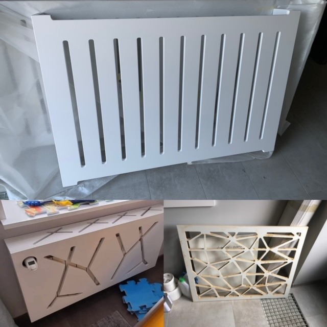 Kolekcja trzech osłon na grzejniki: biała osłona z pionowymi szczelinami, osłona z geometrycznym wzorem i osłona z ażurowym, trójkątnym deseniem w trakcie montażu.