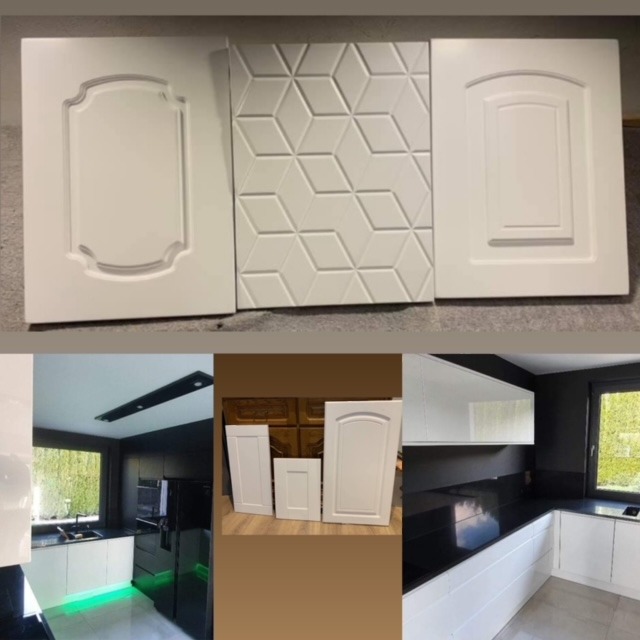 Kompozycja zdjęć przedstawiająca białe fronty meblowe z różnymi wzorami i wykończeniami oraz fragmenty zrealizowanych kuchni w nowoczesnym stylu z białymi frontami i czarnymi blatami.