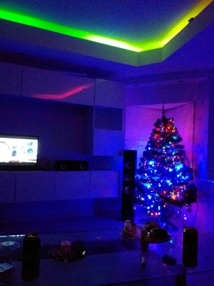 Pokój z sufitem podwieszanym z zielonym oświetleniem LED, choinką i meblami w odcieniach niebieskiego.