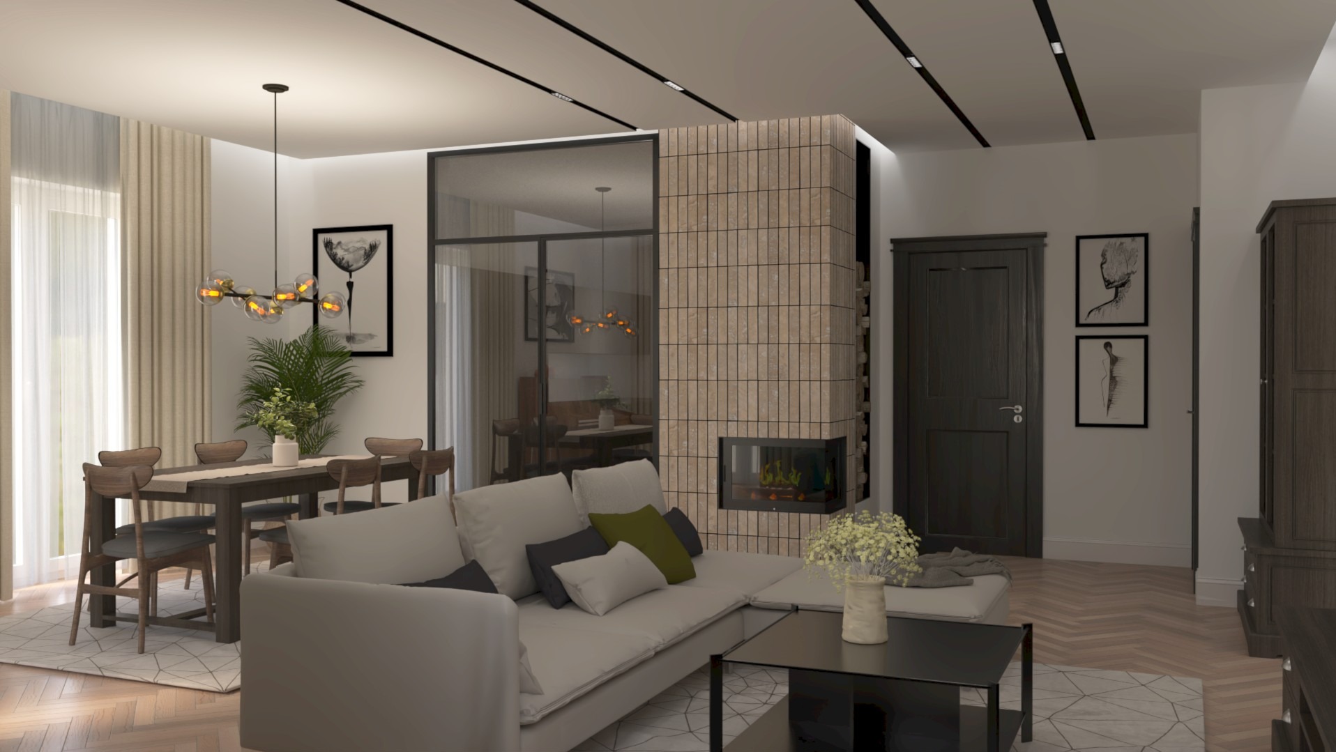 Wizualizacja salonu z jadalnią, beżowa sofa, kominek obłożony płytkami, stół z krzesłami, nowoczesna lampa wisząca, parkiet w jodełkę.