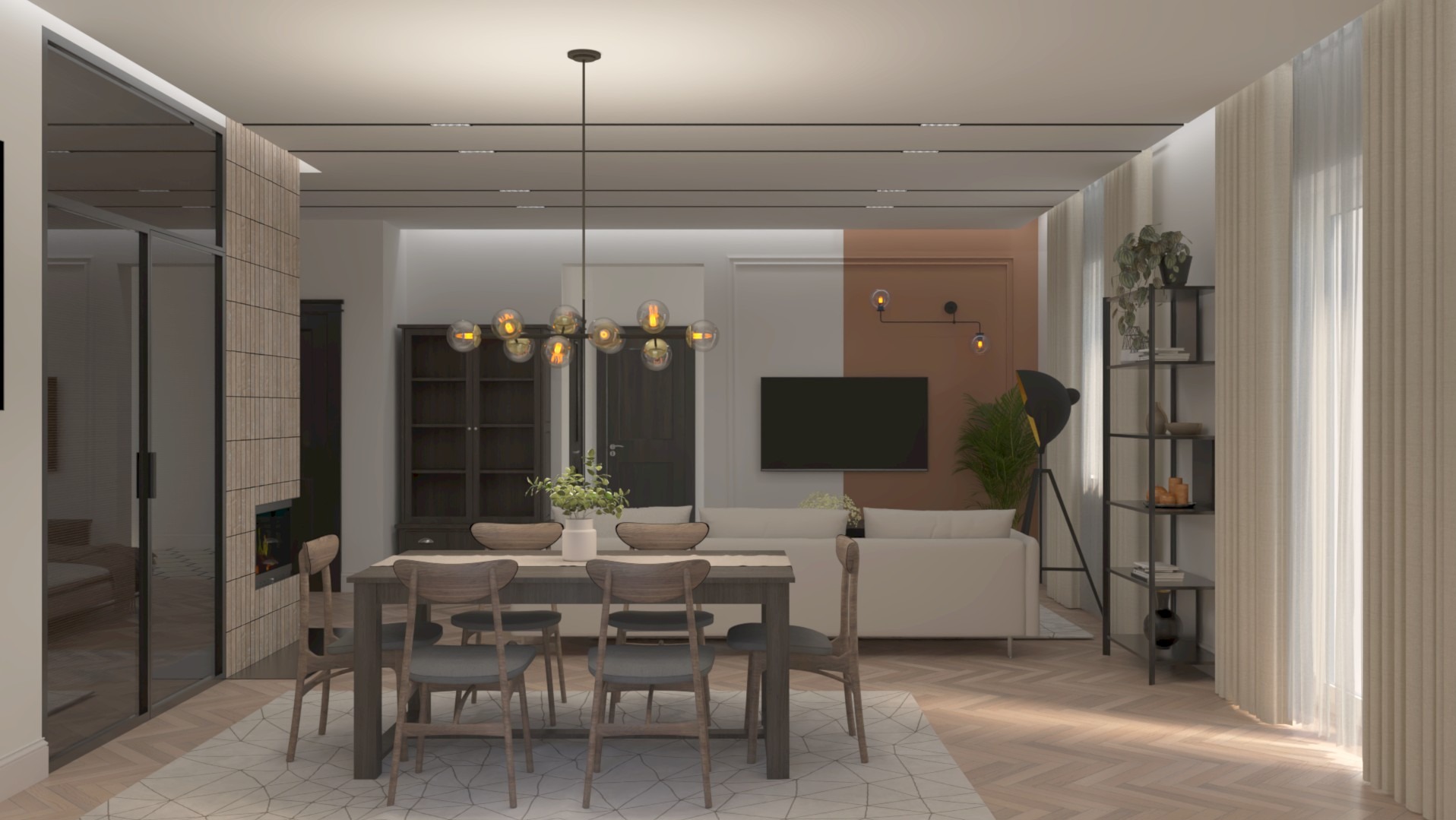 Wizualizacja salonu z jadalnią: stół z krzesłami, sofa, regał z dekoracjami, telewizor na ścianie akcentowej w kolorze terakoty, lampa podłogowa i dekoracyjne oświetlenie sufitowe.