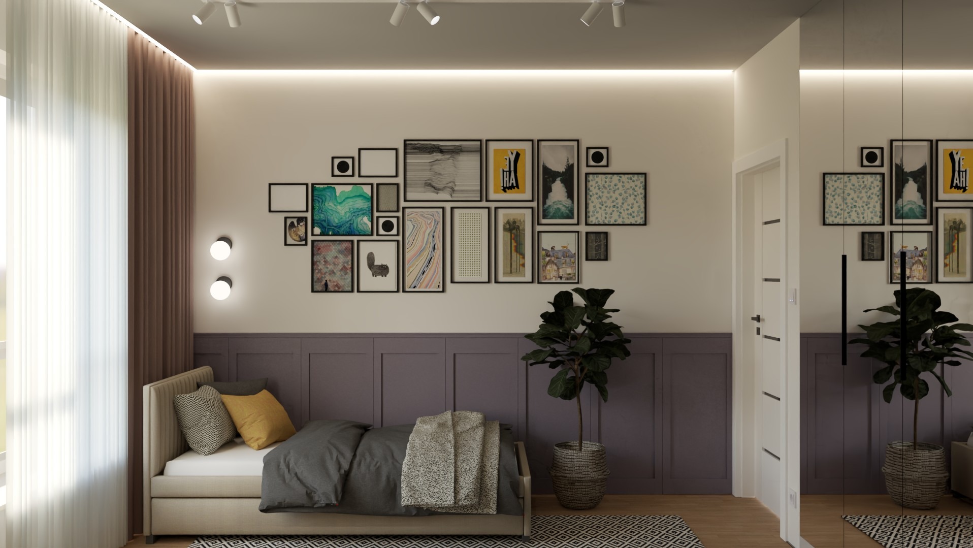 Nowoczesna sypialnia z łóżkiem, galerią obrazów na ścianie, rośliną w plecionym koszu i lustrem odbijającym wnętrze.