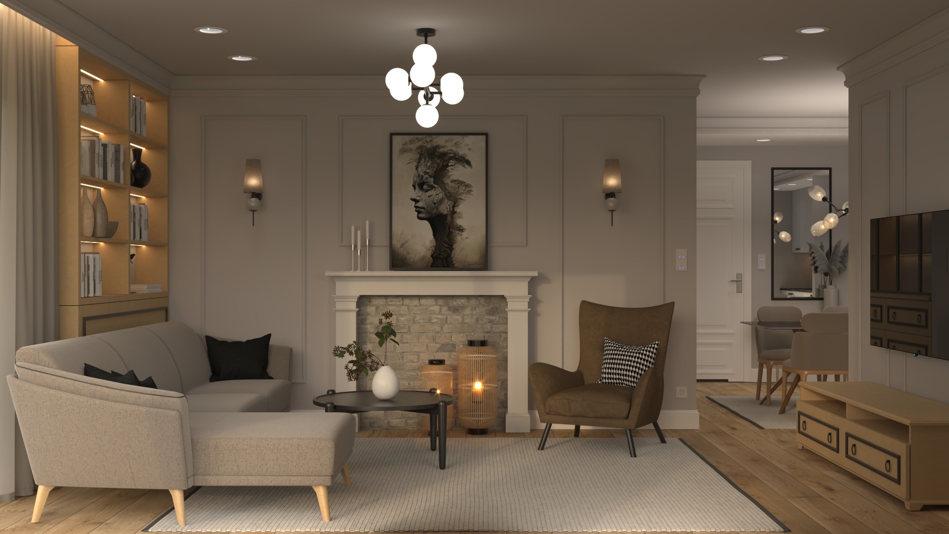 Salon w neutralnych barwach z ceglanym kominkiem, nowoczesną lampą sufitową i minimalistyczną grafiką nad kominkiem, sofa w kształcie litery L i fotel uszak.