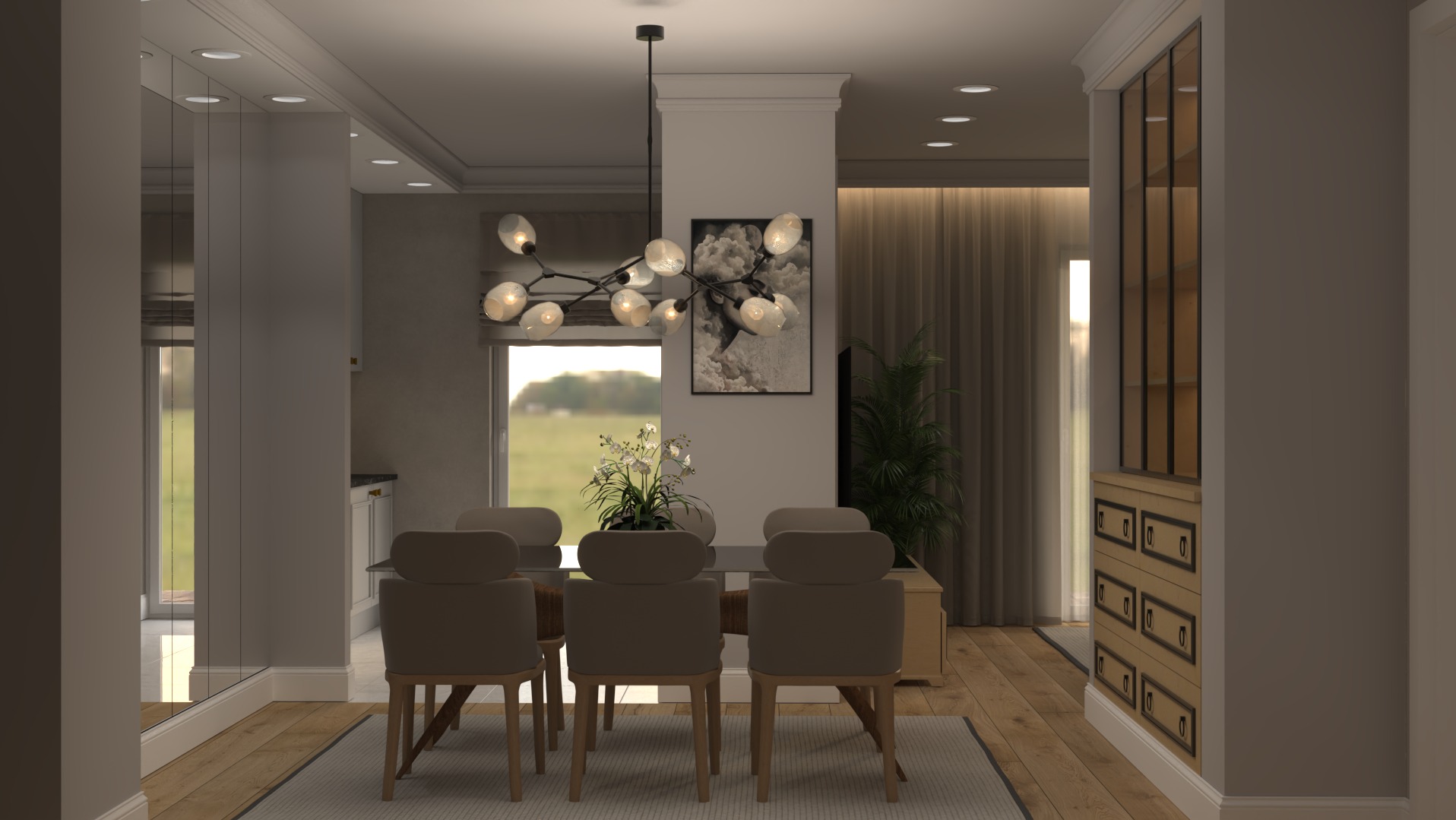 Wizualizacja jadalni z drewnianym stołem, krzesłami z tapicerowanymi oparciami, nowoczesną lampą sufitową i rośliną doniczkową w tle.
