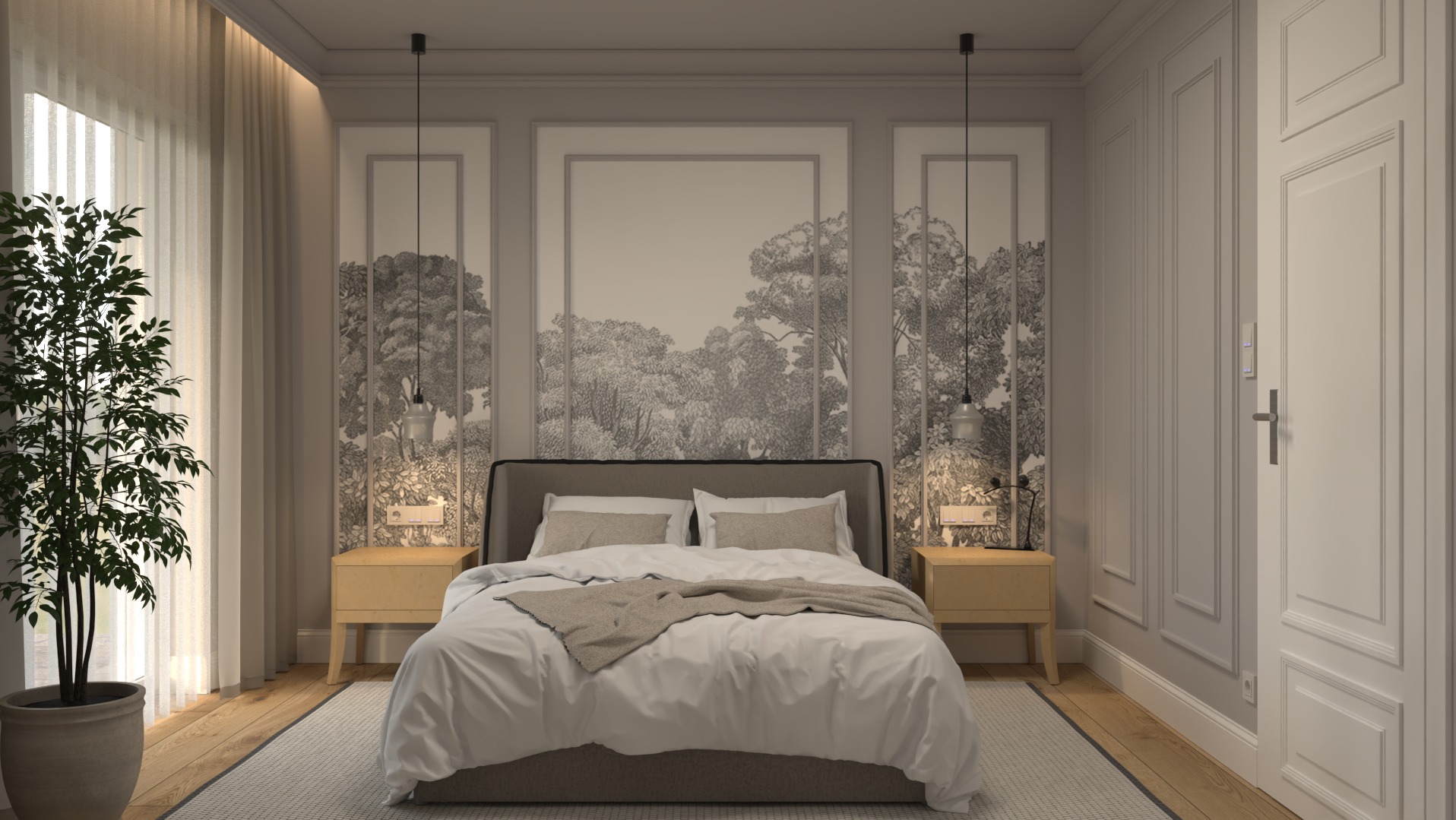 Elegancka sypialnia w odcieniach szarości z łóżkiem, szafkami nocnymi, lampkami i dekoracyjną tapetą z motywem leśnym za wezgłowiem, oraz rośliną doniczkową przy oknie.