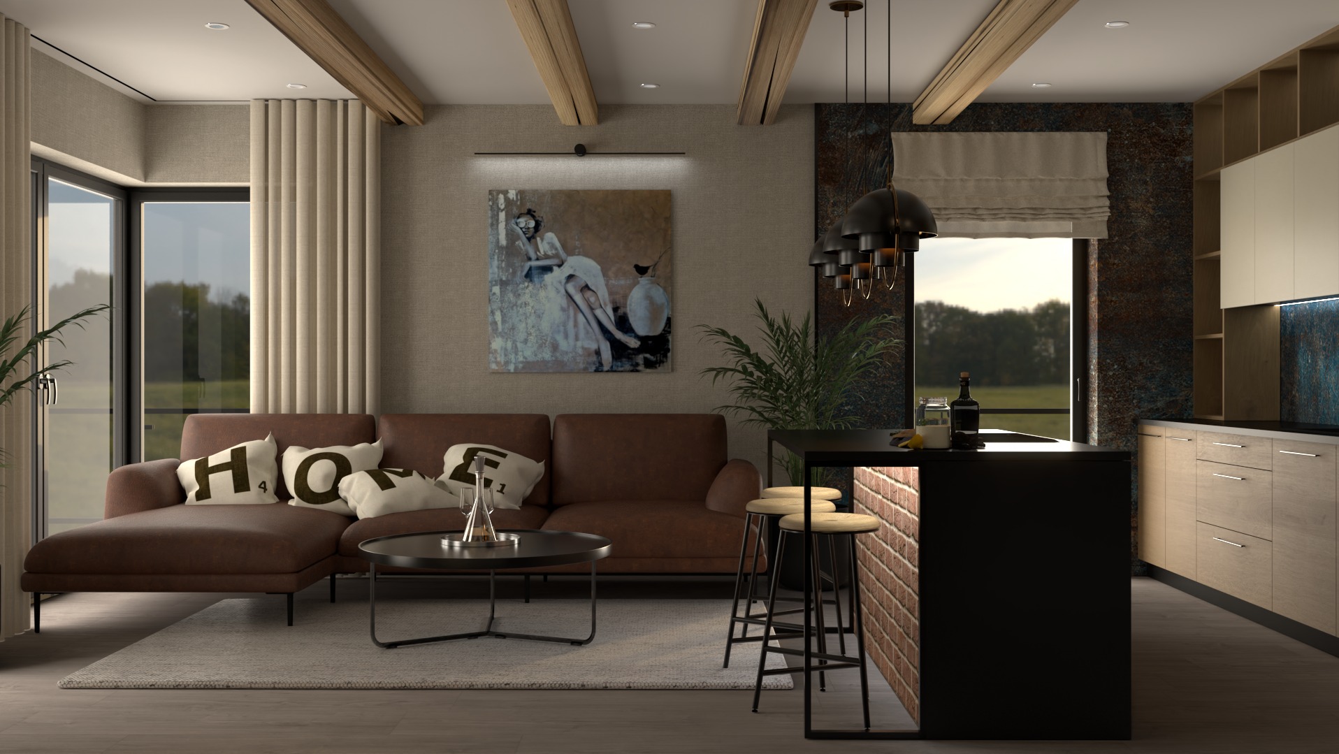 Wnętrze mieszkania z brązową sofą z dekoracyjnymi poduszkami, czarnym stolikiem kawowym, wyspą kuchenną z ceglanym wykończeniem i drewnianymi hokerami oraz obrazem na ścianie.