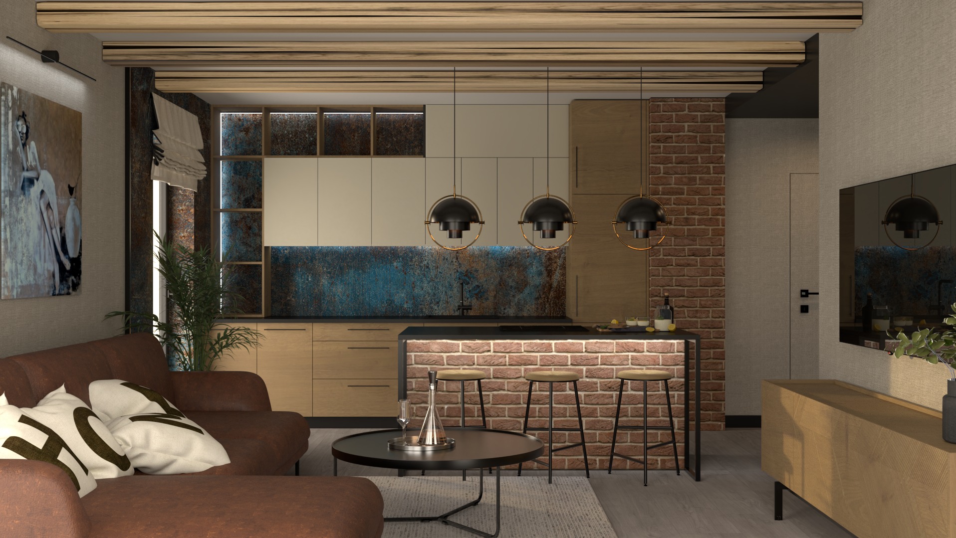 Wizualizacja salonu z aneksem kuchennym: brązowa sofa z dekoracyjnymi poduszkami, okrągły stolik kawowy, wyspa kuchenna z cegły z trzema stołkami barowymi, drewniane szafki kuchenne, niebieski...