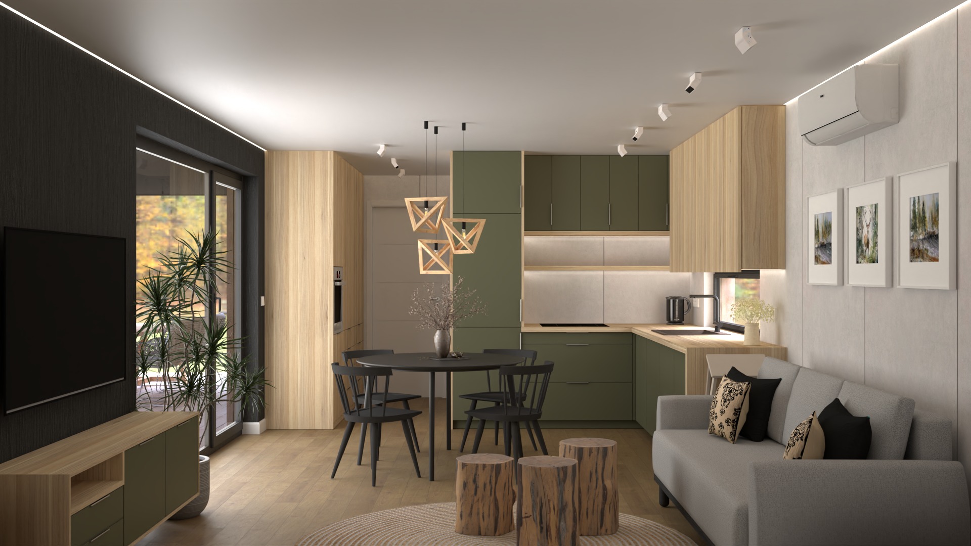 Wizualizacja wnętrza mieszkania: kuchnia w odcieniach zieleni i drewna z okrągłym stołem, drewnianymi taboretami i szarą sofą z dekoracyjnymi poduszkami, oświetlona wiszącymi lampami...