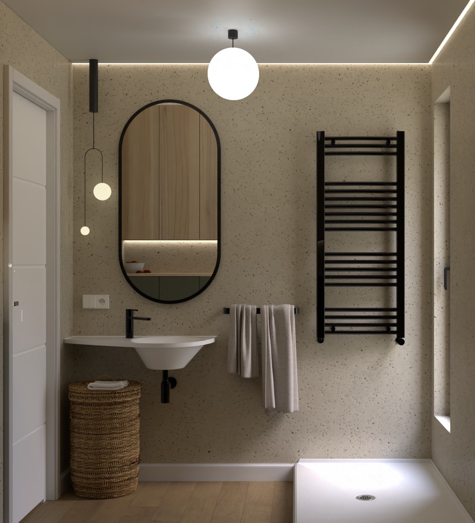 Nowoczesna łazienka z umywalką nablatową, owalnym lustrem w czarnej ramie, grzejnikiem drabinkowym i wiklinowym koszem na pranie, oświetlona kulistą lampą sufitową i wiszącymi lampami punktowymi.