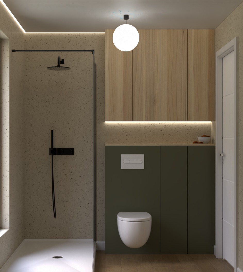 Nowoczesna łazienka z kabiną prysznicową walk-in, podwieszaną toaletą i drewnianymi szafkami podświetlonymi LED, minimalistyczny design.