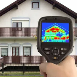 Termowizja domu jednorodzinnego z balkonem, widoczna na ekranie kamery termowizyjnej trzymanej w dłoni.