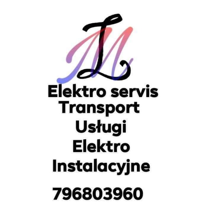Logo firmy Elektro servis Transport Usługi Elektro Instalacyjne z numerem telefonu 796803960 i ozdobnym monogramem 'LM' w kolorach czarnym, różowym i niebieskim.
