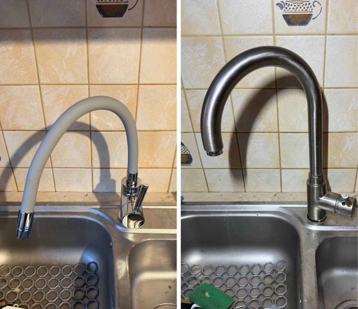 Porównanie: elastyczna szara wylewka kranowa vs. metalowa wylewka w zlewozmywaku dwukomorowym, płytki ceramiczne w tle.