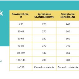 CLEAN4YOU OLENA CHOSTKIVSKA - Grafika przedstawiająca cennik usług sprzątania, z podziałem na powierzchnię w metrach kwadratowych oraz typ sprzątania: standardowe i generalne. Ceny podane jako netto.