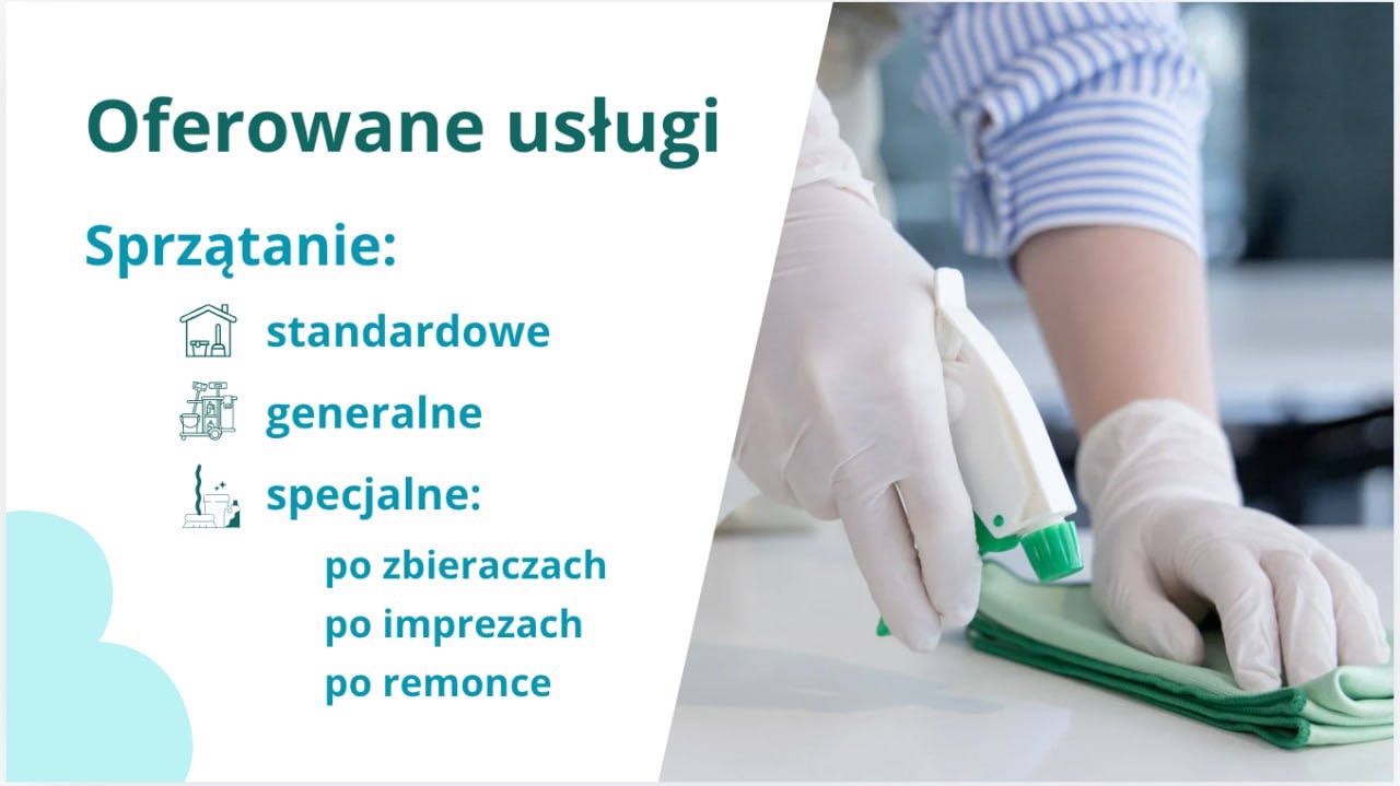 Grafika reklamowa usług sprzątania w Straszynie: dłonie w białych rękawiczkach czyszczą powierzchnię zieloną ściereczką i spryskiwaczem.