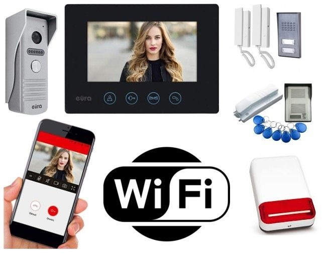Kompletny zestaw wideodomofonowy z panelem zewnętrznym, monitorem z podglądem osoby dzwoniącej, telefonami wewnętrznymi, brelokami zbliżeniowymi oraz podglądem na smartfonie przez WiFi.