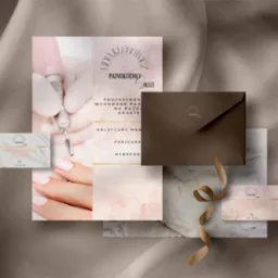 Zestaw materiałów reklamowych salonu kosmetycznego: wizytówki z logo, ulotka informacyjna, koperta i wstążka na tle beżowej tkaniny.