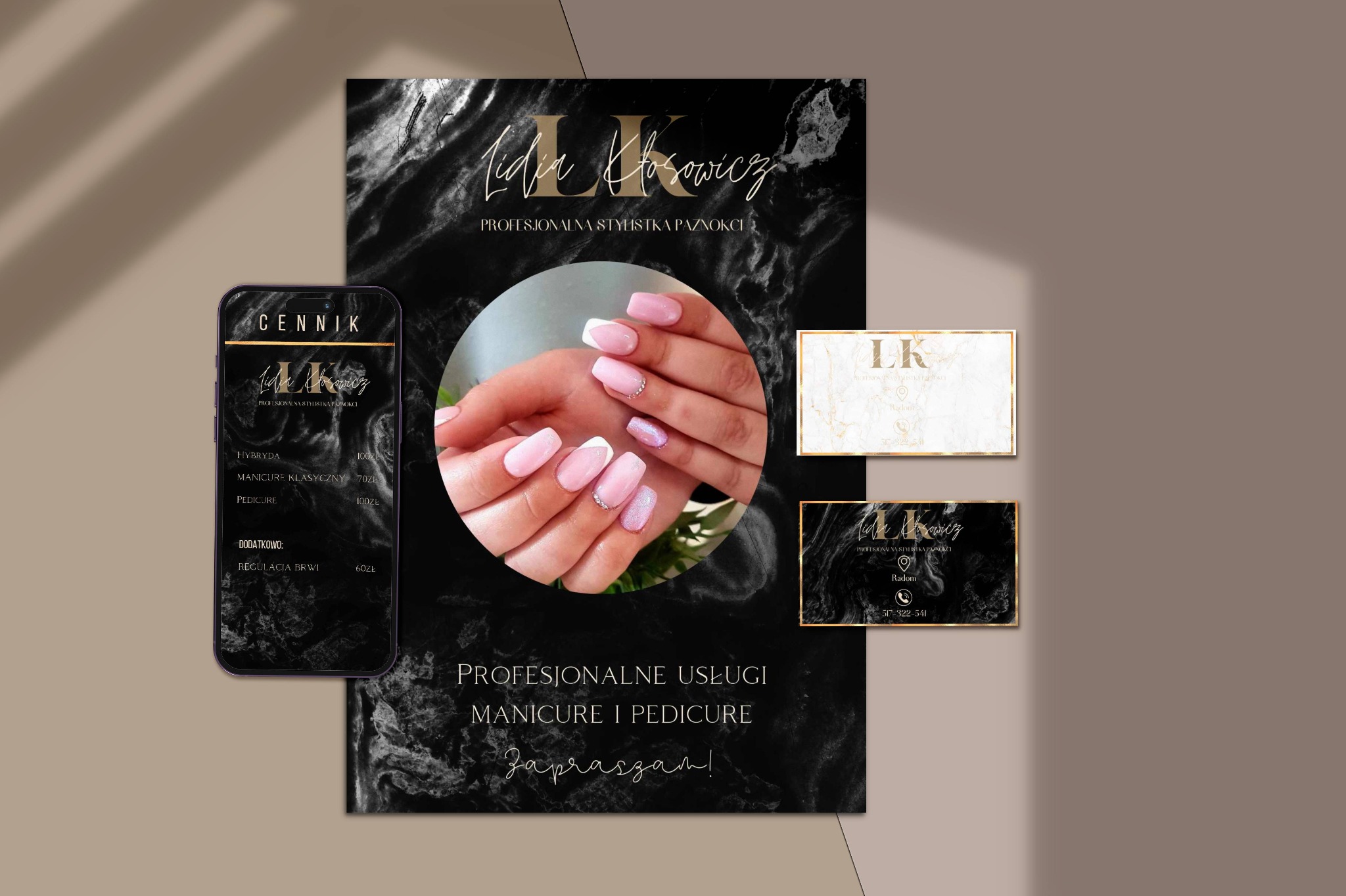 Ulotka reklamowa z wizualizacją manicure hybrydowego, cennikiem usług i danymi kontaktowymi salonu kosmetycznego, utrzymana w czarno-złotej kolorystyce z motywem marmuru.