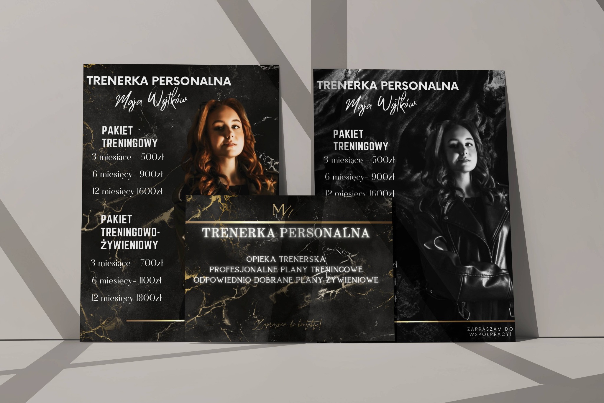 Zestaw materiałów reklamowych z ofertą treningów personalnych i planów żywieniowych, utrzymanych w czarno-złotej stylistyce marmuru, prezentujących portret trenerki Mai Witków.