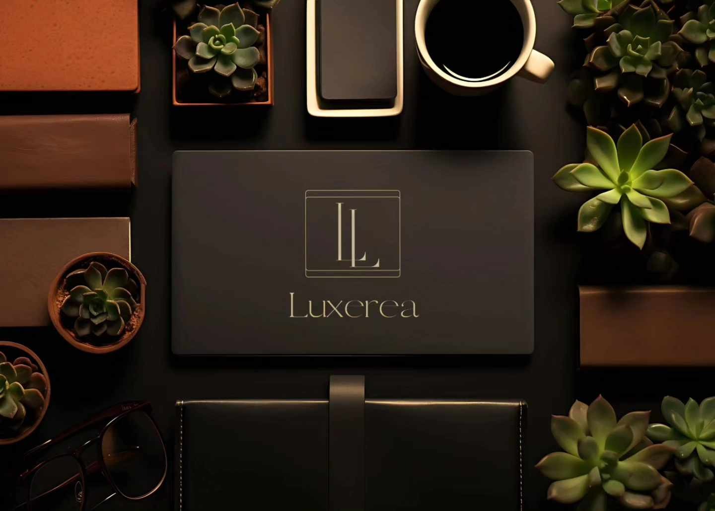 Kompozycja flat lay z czarnym pudełkiem z logo Luxcrea, otoczonym przez sukulenty w doniczkach, okulary, filiżankę kawy i inne elementy biurowe w odcieniach brązu.