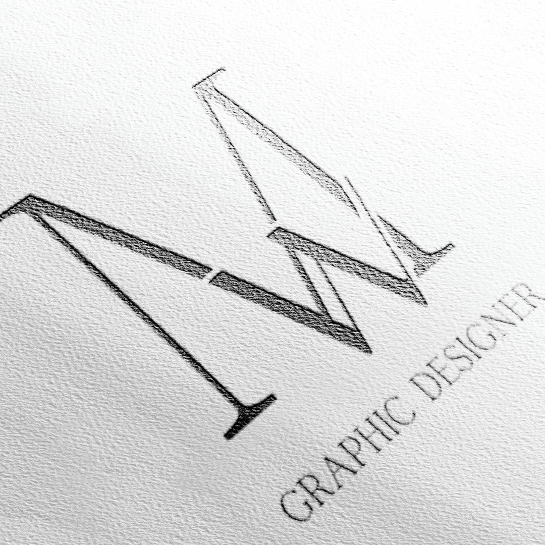 Sketch of an abstract logo design combining the letters 'M' and 'W', accompanied by the text 'GRAPHIC DESIGNER' on textured white paper.