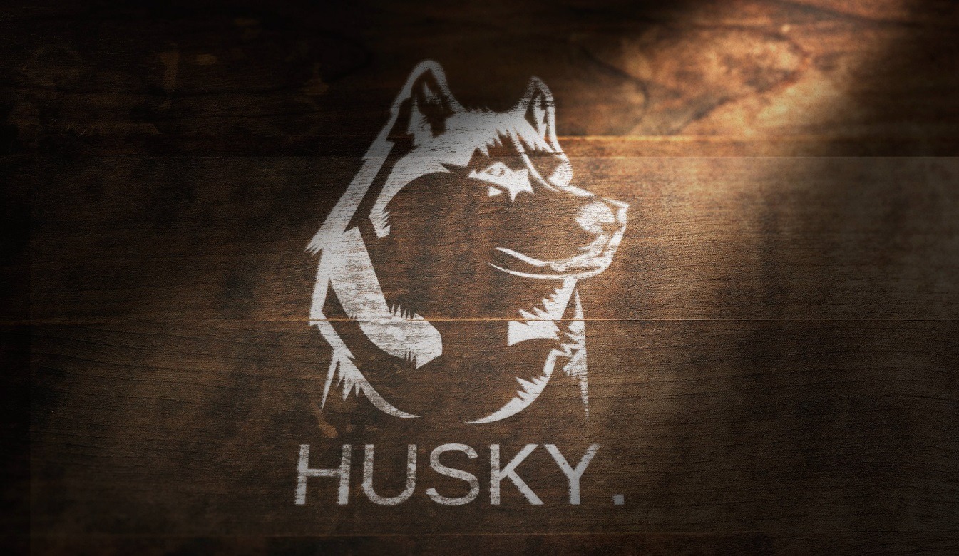 Grafika przedstawiająca wizerunek psa rasy husky w stylu retro, naniesiona białą farbą na ciemne, drewniane tło z widoczną fakturą drewna i delikatnymi przetarciami.