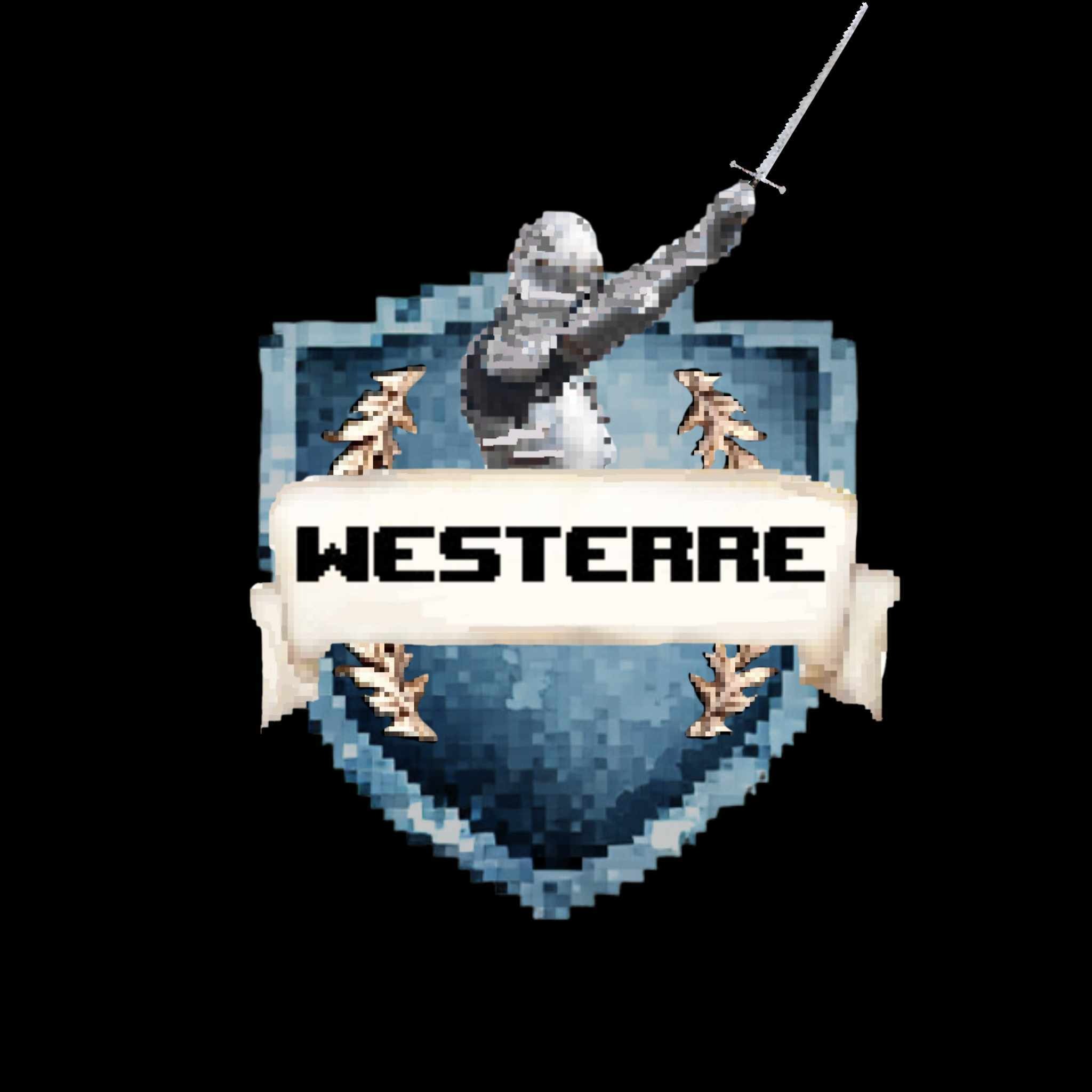 Pikselowy herb z rycerzem w zbroi wznoszącym miecz, umieszczony na niebieskim tle tarczy z dekoracyjnymi elementami roślinnymi i wstęgą z napisem 'WESTERRE'.