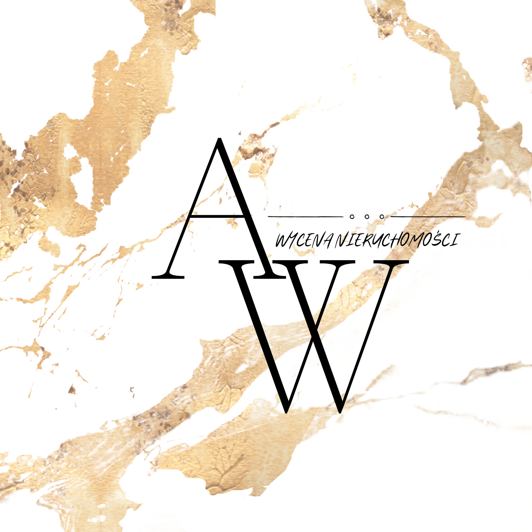 Eleganckie logo firmy wyceny nieruchomości z inicjałami 'AW' na tle marmuru z elementami złota.