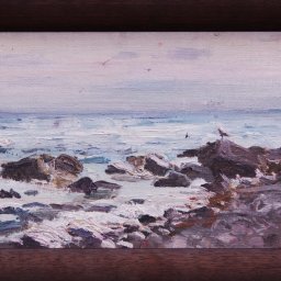 Olga Kananets - Oprawiony obraz olejny przedstawiający skaliste wybrzeże z ptakami, malowany w impresjonistycznym stylu z wyraźnymi pociągnięciami pędzla i stonowaną paletą barw.