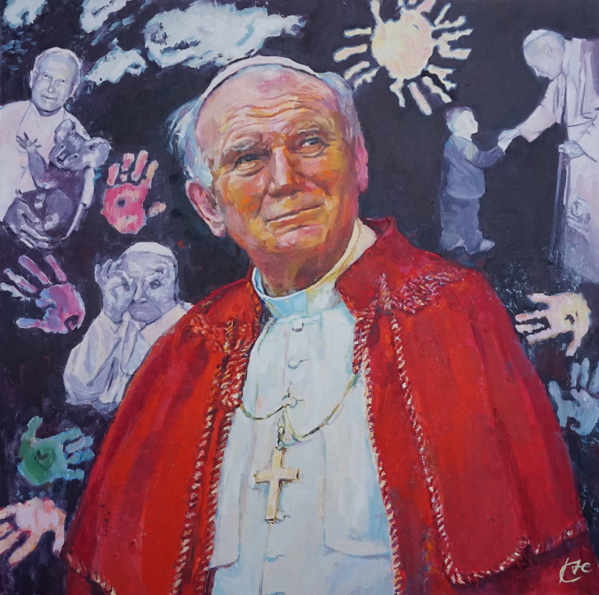 Portret olejny Jana Pawła II w czerwonej szacie pontyfikalnej, otoczony stylizowanymi scenami z jego życia i odciskami dłoni na ciemnym tle.