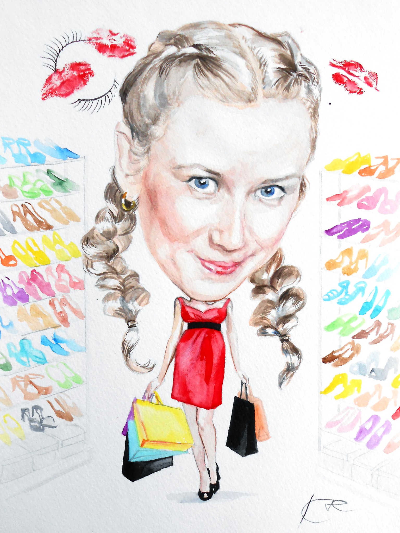 Akwarelowy portret karykaturalny kobiety z warkoczami, w czerwonej sukience, trzymającej torby na zakupy na tle regałów z butami, z elementami graficznymi w postaci ust i rzęs