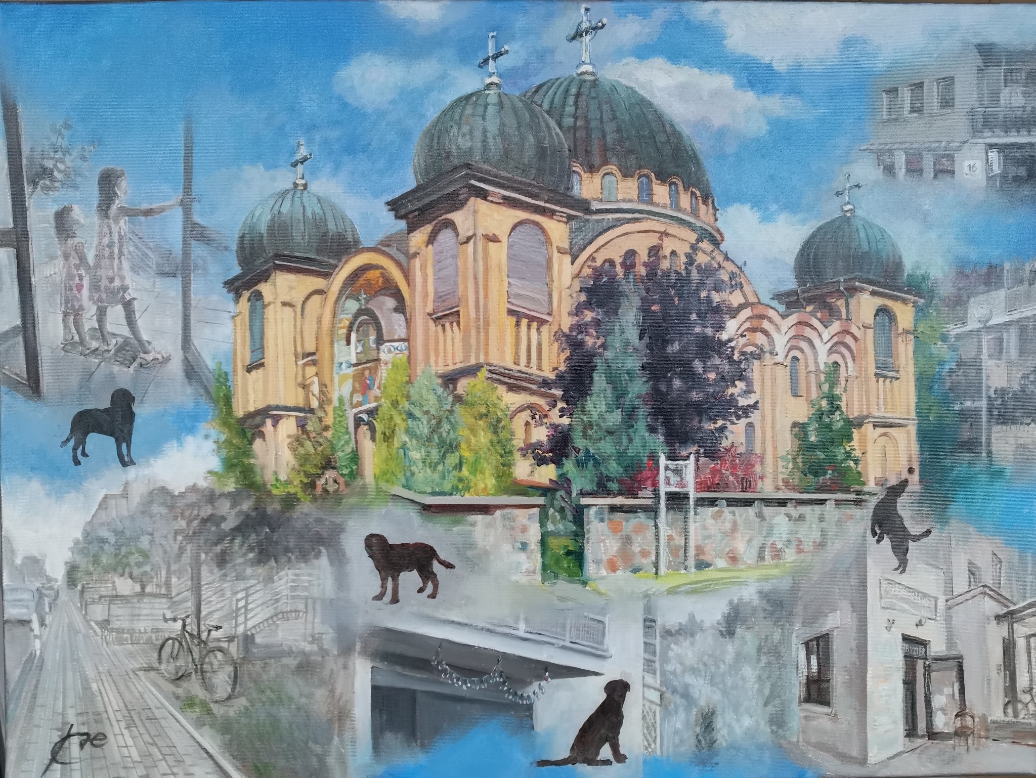 Pejzaż miejski na płótnie, przedstawiający cerkiew z kopułami, fragmenty ulicy z rowerem, bawiące się dzieci i sylwetki psów w różnych pozach, wszystko utrzymane w pastelowej kolorystyce.
