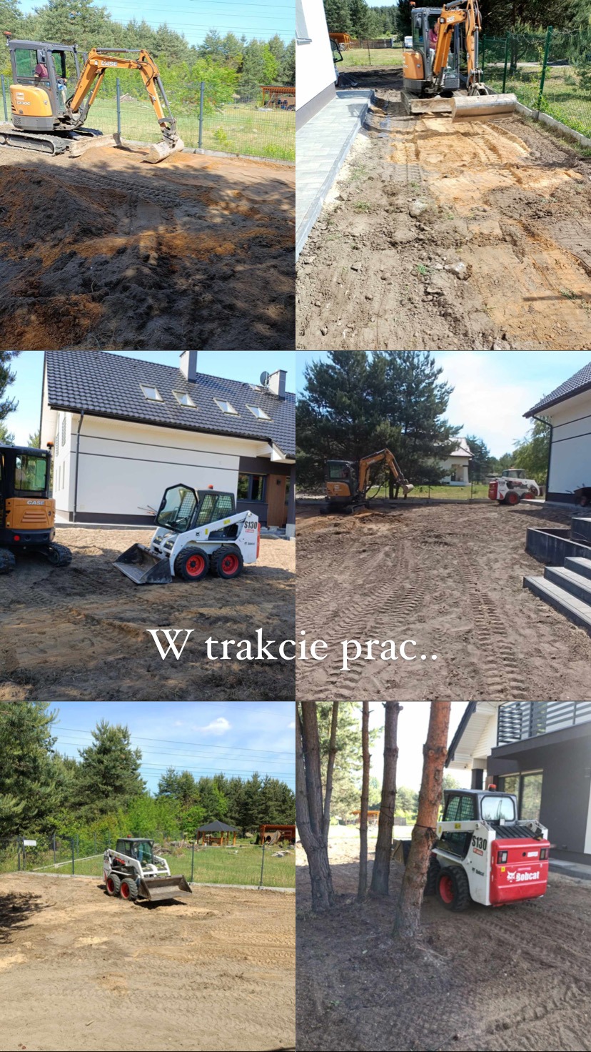 Kompilacja zdjęć z różnych etapów przygotowania terenu pod ogród: wyrównywanie ziemi koparką, ubijanie gruntu oraz rozplantowywanie ziemi. Widoczne budynki mieszkalne w tle i ślady opon na ziemi.