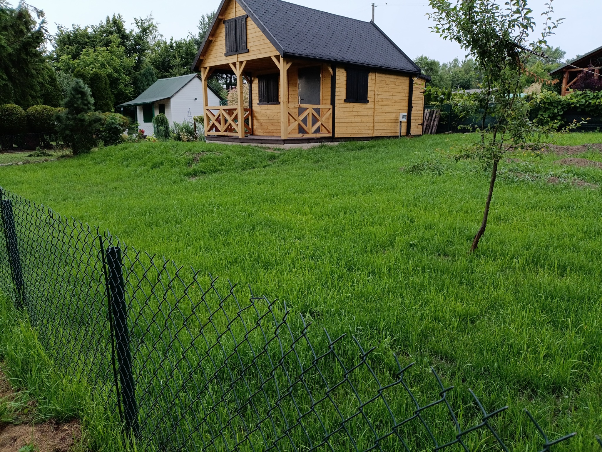 Drewniany domek letniskowy z czarnym dachem na zielonym trawniku, ogrodzony siatką. W tle widoczne inne budynki i drzewa.