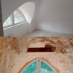 Krzysztof Wojciechowski - Poddasze z oknem w kształcie łuku: górna część po gładziowaniu i malowaniu na biało, dolna część z widoczną pianą izolacyjną przed wykończeniem.