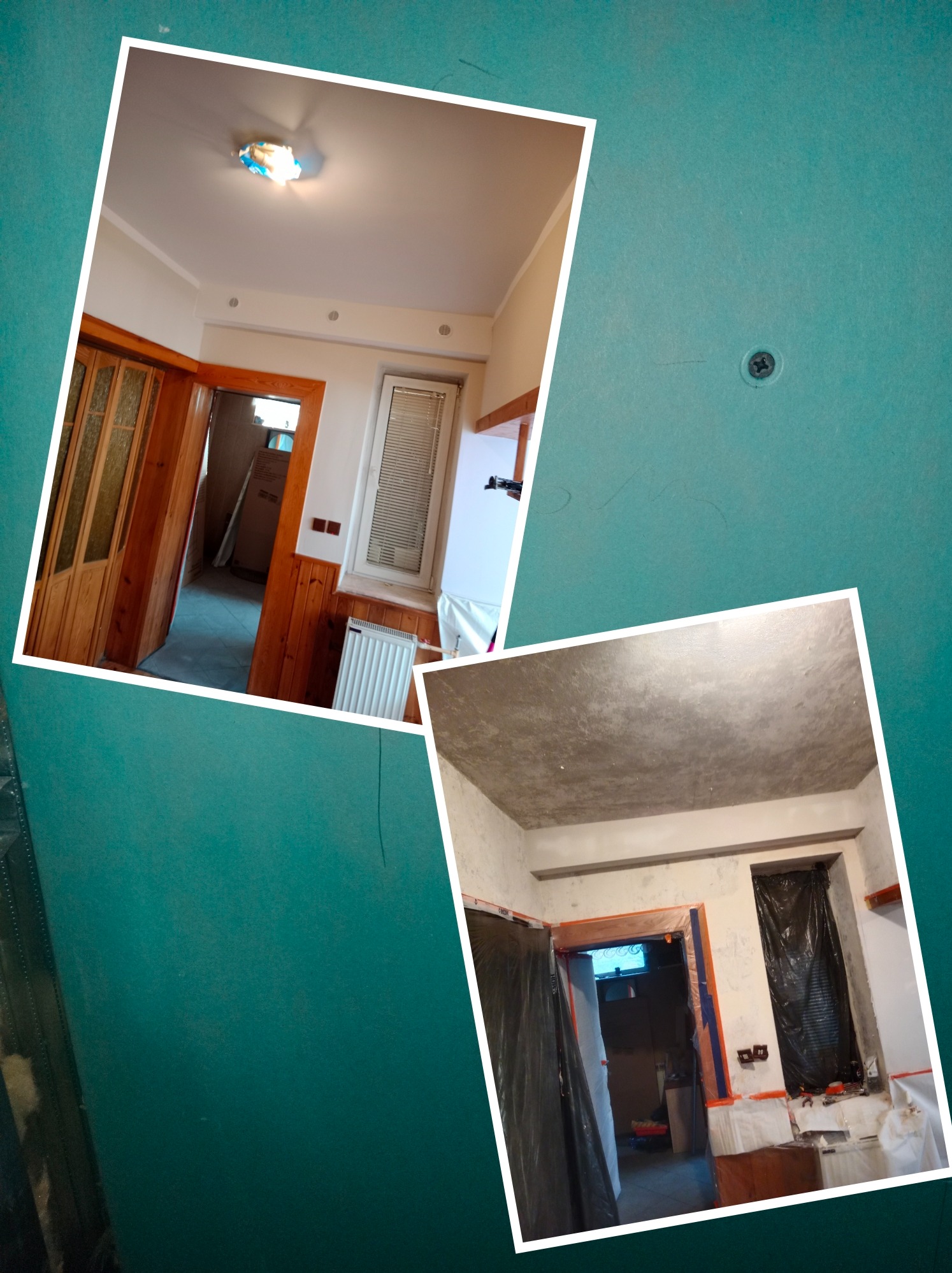 Dwa kadry z remontowanego mieszkania: jeden z widokiem na pokój po remoncie, z drewnianymi drzwiami i grzejnikiem, drugi z widokiem na surowy sufit i okno zabezpieczone folią malarską.