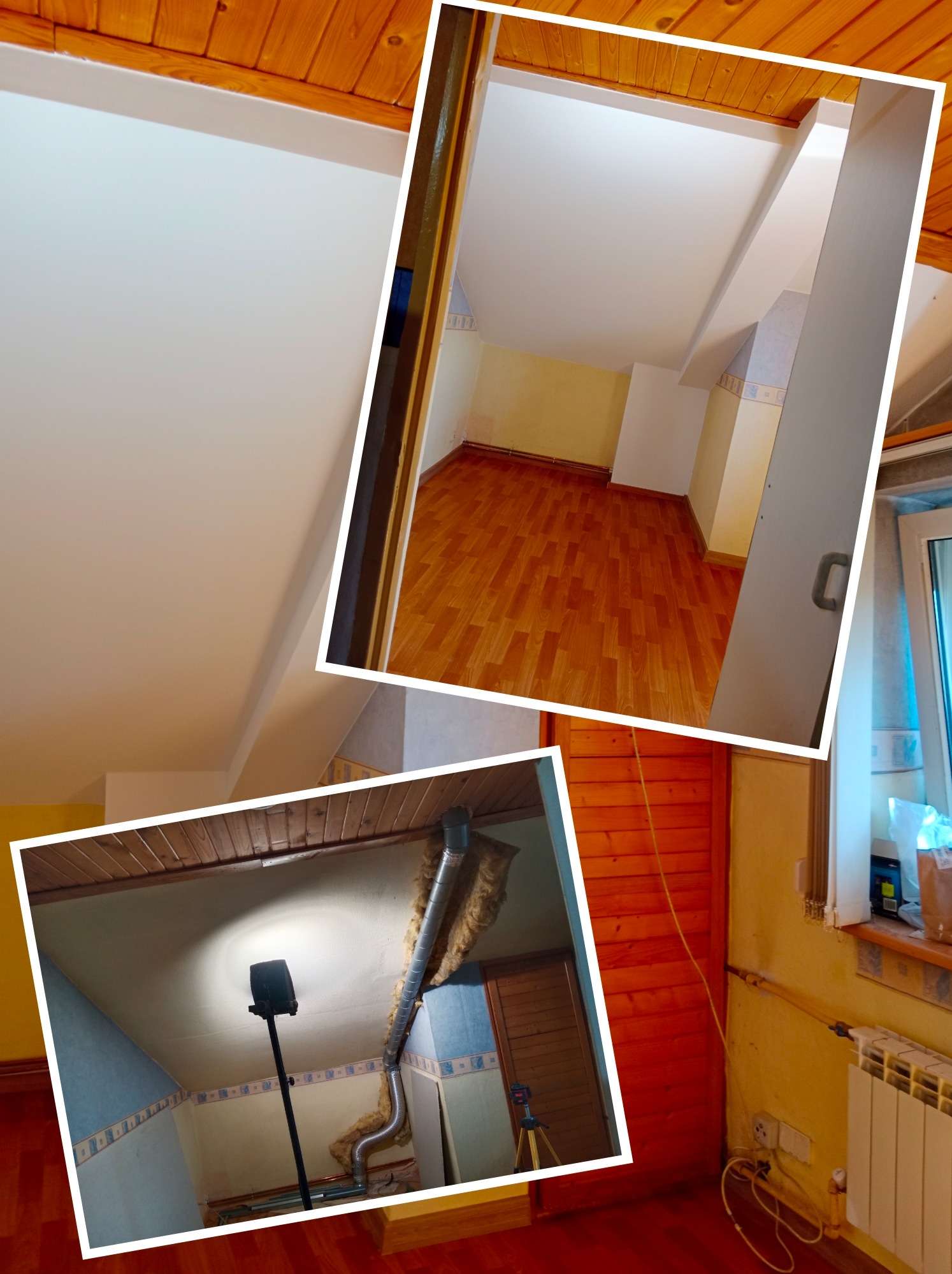 Kolaż przedstawiający remont poddasza: świeżo pomalowane gładzie na skośnym suficie z drewnianą boazerią, wyremontowane wnętrze z panelami podłogowymi, oraz fragment poddasza ze starą instalacją...