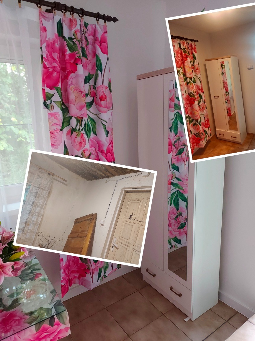 Kolaż przedstawiający szafę z lustrem w pokoju z zasłonami w kwiaty oraz wnętrze pomieszczenia przed remontem z widocznymi uszkodzeniami ściany i drzwi.