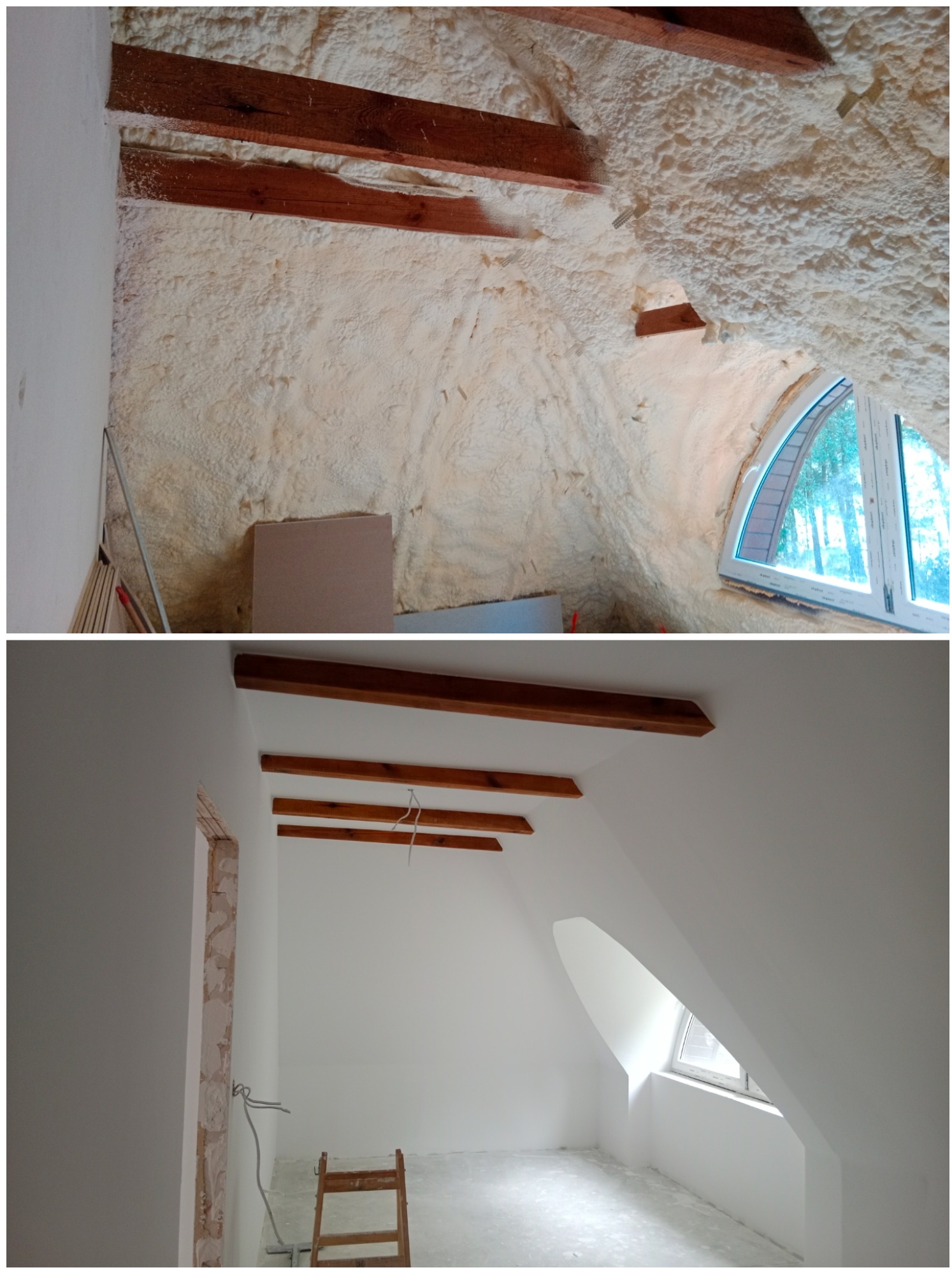Dwa ujęcia poddasza: pierwsze z izolacją natryskową pianką poliuretanową pomiędzy krokwiami, drugie po zakończeniu prac wykończeniowych z pomalowanymi ścianami na biało i widocznymi elementami...