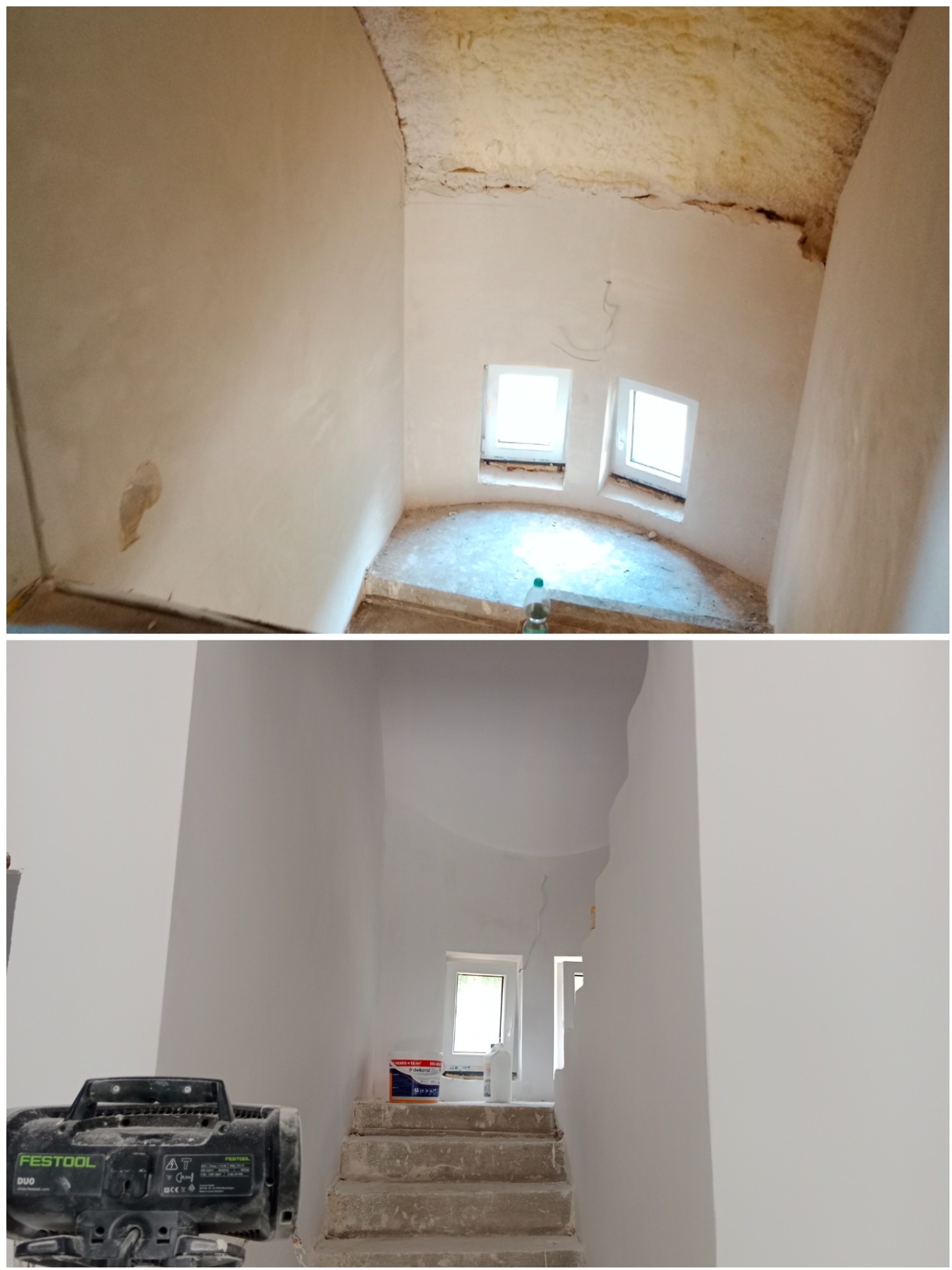 Dwuczęściowe zdjęcie przedstawia klatkę schodową przed i po pracach wykończeniowych. Górna część ukazuje surowy stan z widoczną izolacją piankową na suficie i pozostałościami po pracach budowlanych...