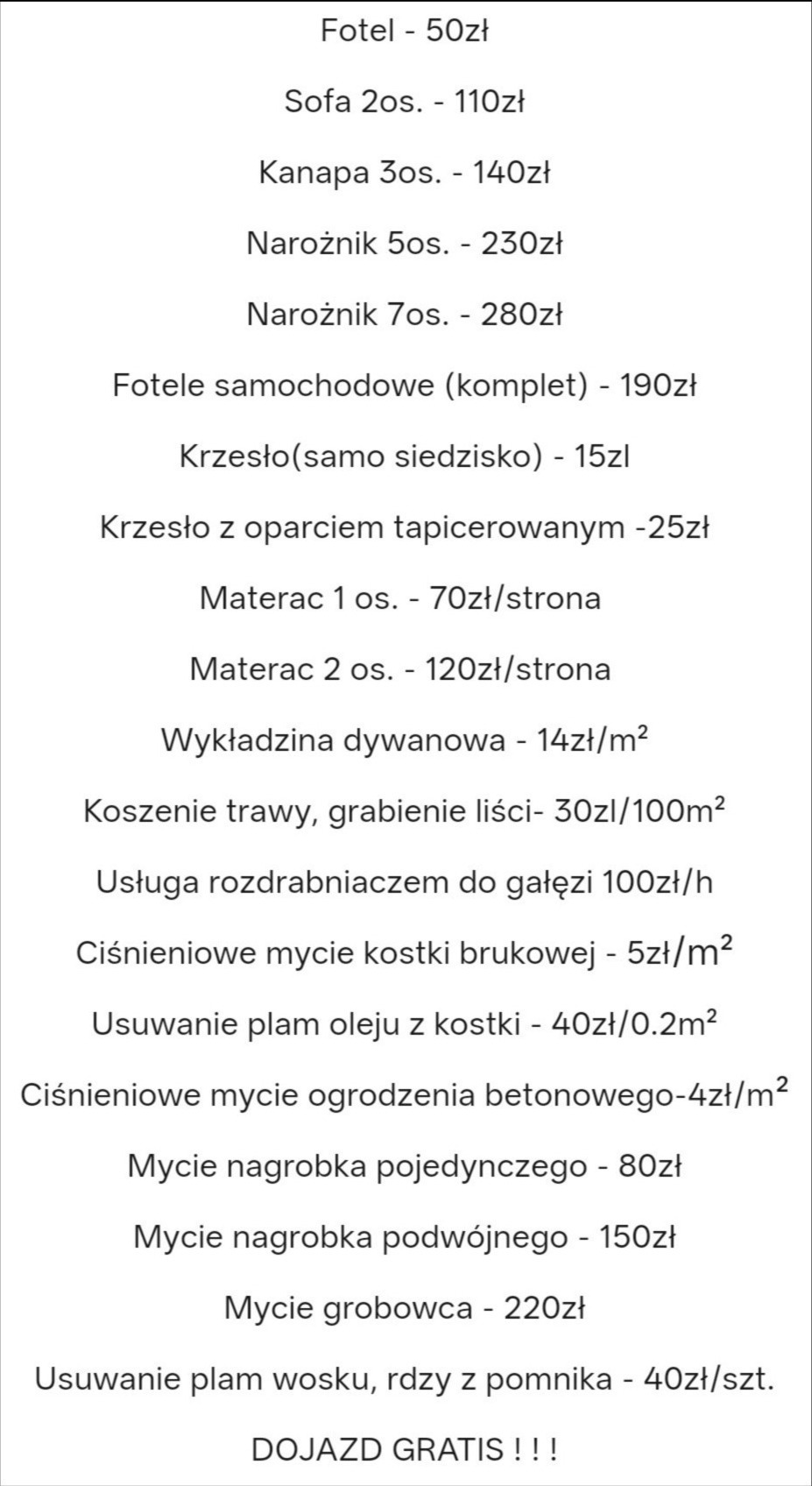 Cennik usług: pranie tapicerki meblowej, koszenie trawy, mycie kostki brukowej, nagrobków i inne. Oferta z darmowym dojazdem.