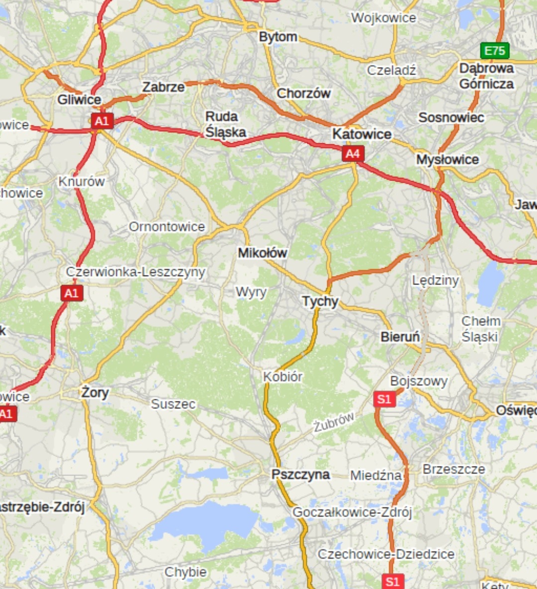 Mapa Śląska z zaznaczonymi miastami i drogami, w tym autostradami A1 i A4. Widoczne Gliwice, Zabrze, Katowice, Tychy, Pszczyna i inne miejscowości.