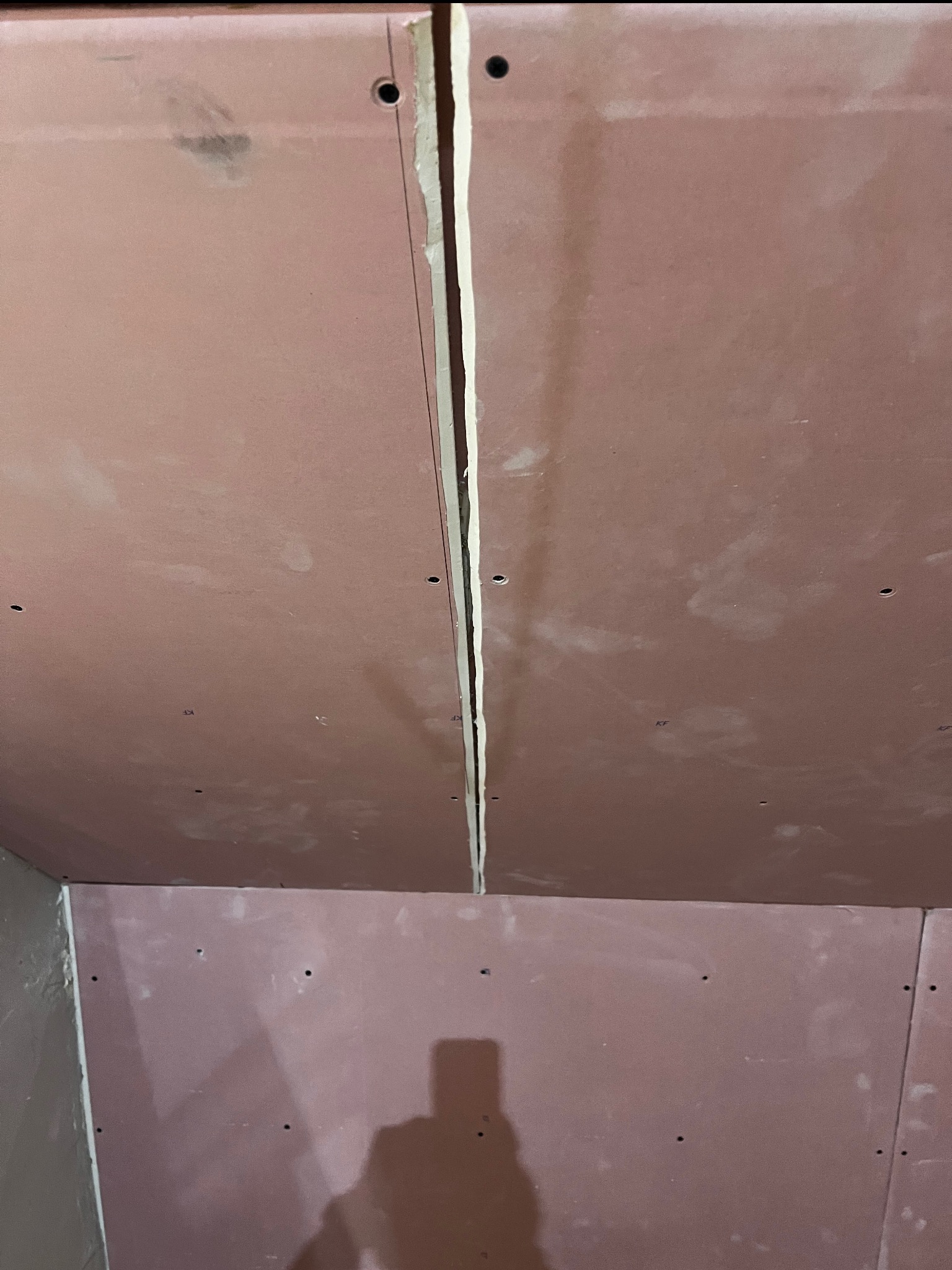 Montaż płyt karton-gips na ścianie, widoczne łączenia płyt i otwory na wkręty. Ściana w kolorze różowym, w tle cień osoby robiącej zdjęcie.