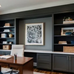 Elegancki gabinet z ciemnymi, zabudowanymi regałami i drewnianym biurkiem. Na półkach dekoracje i książki, a na ścianie obraz w złotej ramie. Całość utrzymana w stonowanej kolorystyce.