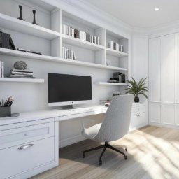 PKN Estate Sp. z o.o. - Białe biurko z komputerem i krzesłem na tle zabudowy meblowej z półkami i szafą. Minimalistyczny styl, jasne pomieszczenie z drewnianą podłogą i rośliną doniczkową.