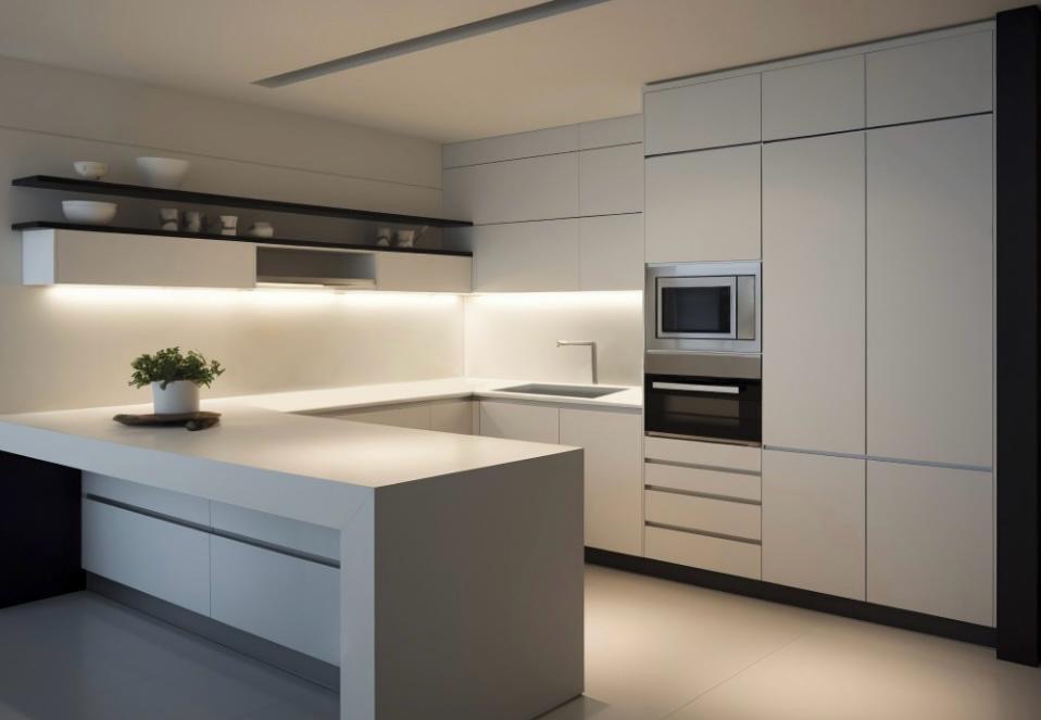 Minimalistyczna, jasna kuchnia z wyspą i oświetleniem LED. Górne półki z dekoracjami. Nowoczesny design z zabudową AGD i gładkimi frontami. Dyskretny akcent roślinny.