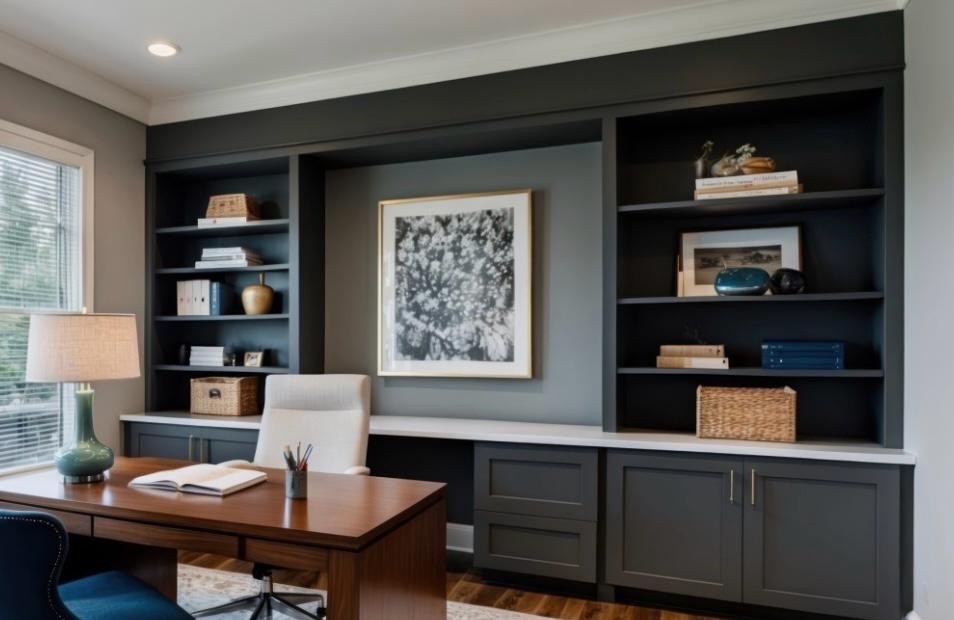 Elegancki gabinet z ciemnymi, zabudowanymi regałami i drewnianym biurkiem. Na półkach dekoracje i książki, a na ścianie obraz w złotej ramie. Całość utrzymana w stonowanej kolorystyce.