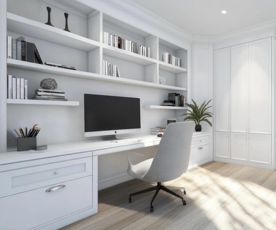 Białe biurko z komputerem i krzesłem na tle zabudowy meblowej z półkami i szafą. Minimalistyczny styl, jasne pomieszczenie z drewnianą podłogą i rośliną doniczkową.