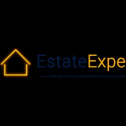 Neonowe logo firmy Estate Expert z konturem domu, promującej pośrednictwo w obrocie nieruchomościami na czarnym tle.