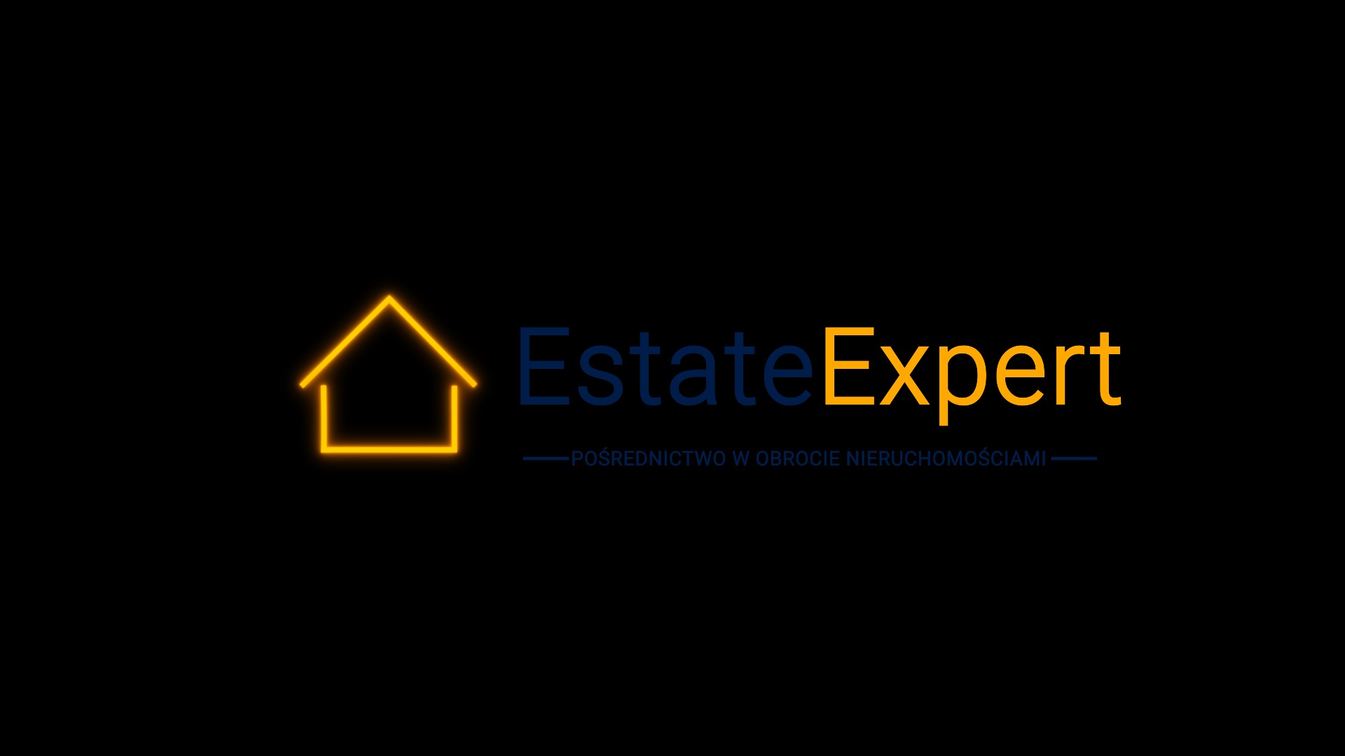 Neonowe logo firmy Estate Expert z konturem domu, promującej pośrednictwo w obrocie nieruchomościami na czarnym tle.